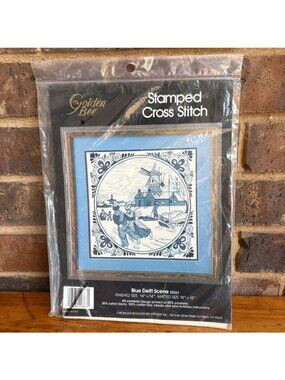 Vintage Blue Delft Scene Stamped Cross Stitch Kit Golden Bee 20363